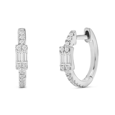 14K Solid White Gold Double Baguette Pave Diamond Hoops