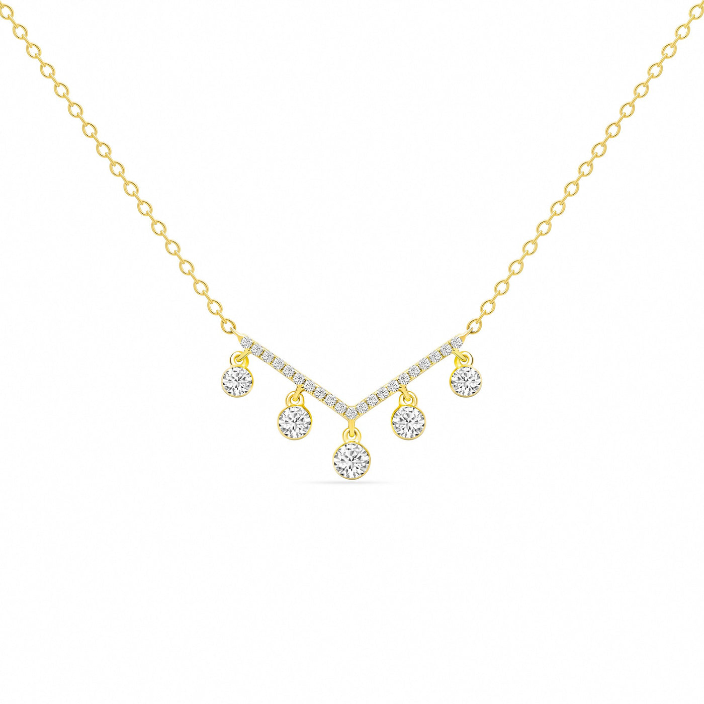 14K Solid Gold Dangling Diamonds Chevron Pave Necklace