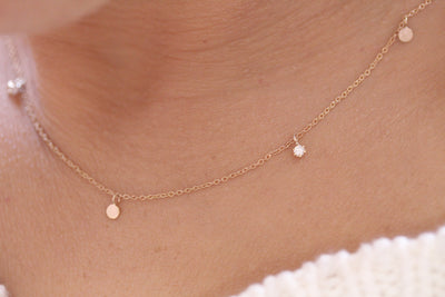 14K Solid Gold Dangling Diamond Five Station Disc Necklace