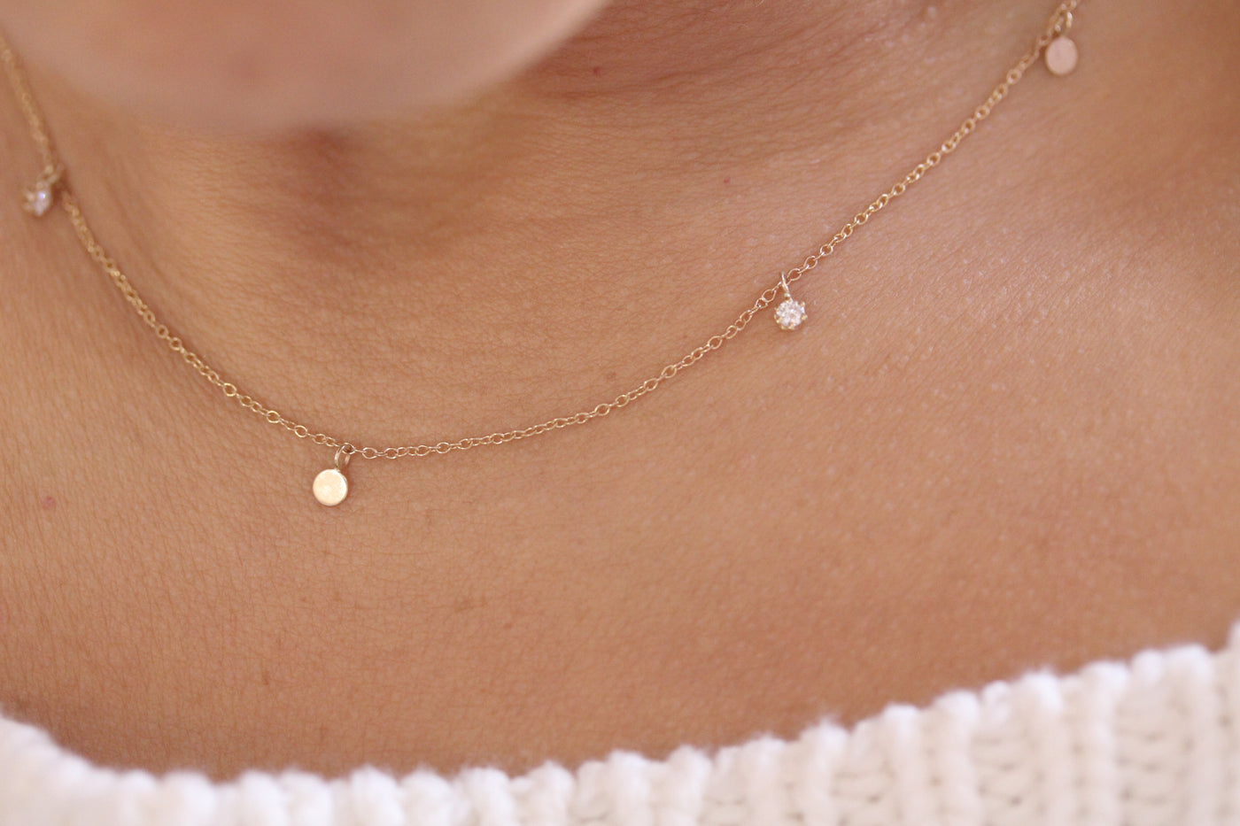 14K Solid Gold Dangling Diamond Five Station Disc Necklace
