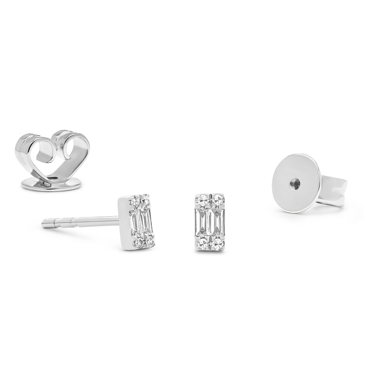 14K Solid White Gold Double Baguette Pave Diamond Stud Earrings