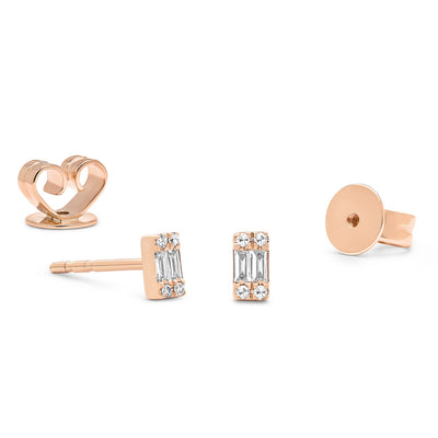 14K Solid Rose Gold Double Baguette Pave Diamond Stud Earrings