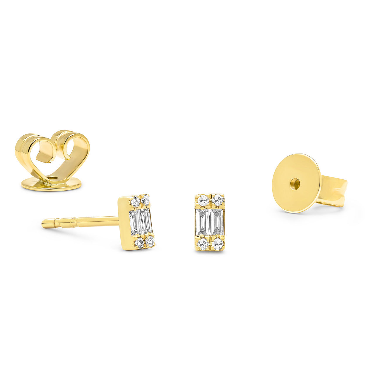 14K Solid Gold Double Baguette Pave Diamond Stud Earrings