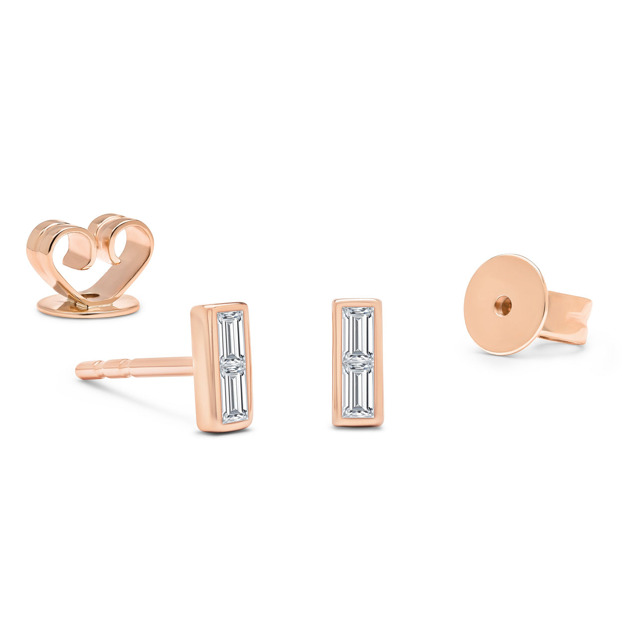 14K Solid Rose Gold Baguette Bezel Diamond Studs