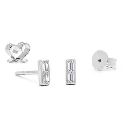 14K Solid White Gold Baguette Bezel Diamond Studs