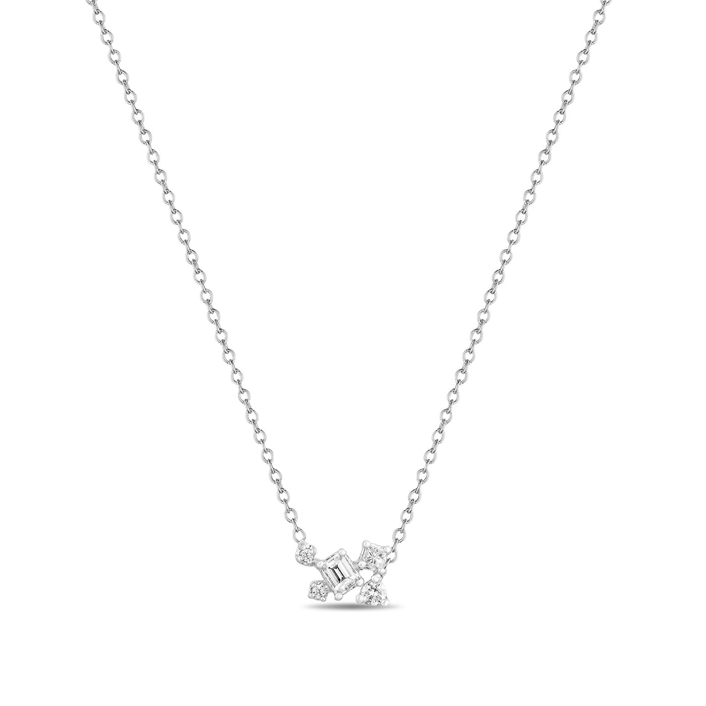 14K Solid White Gold Emerald Cut Multi Shape Diamond Necklace