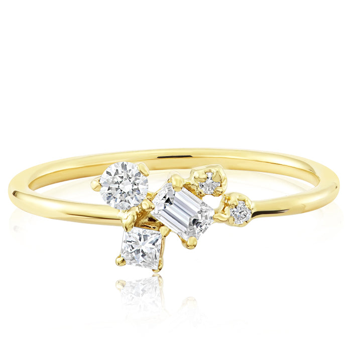 14K Solid Gold Multishape Emerald Cut Princess Round Diamond Cluster Ring