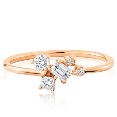 14K Solid Gold Multishape Emerald Cut Princess Round Diamond Cluster Ring Rose Gold