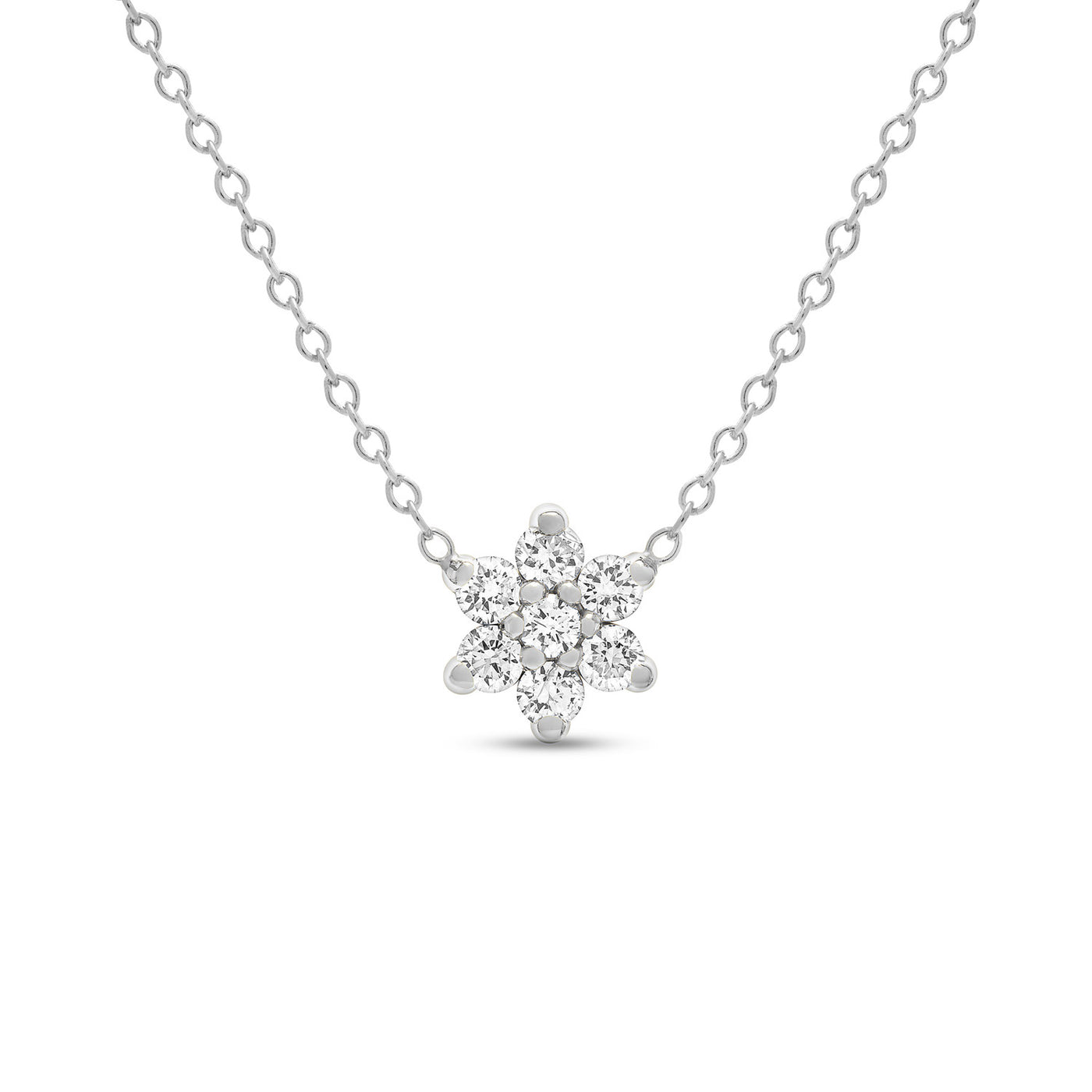 14K Solid Gold Diamond Cluster Flower Necklace White Gold