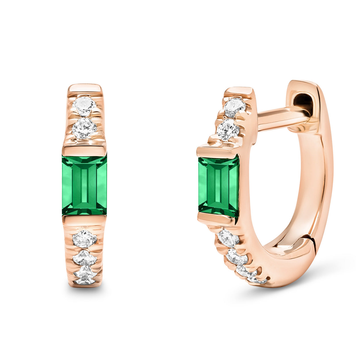 14K Solid Rose Gold Natural Emerald Pave Diamond Hoops