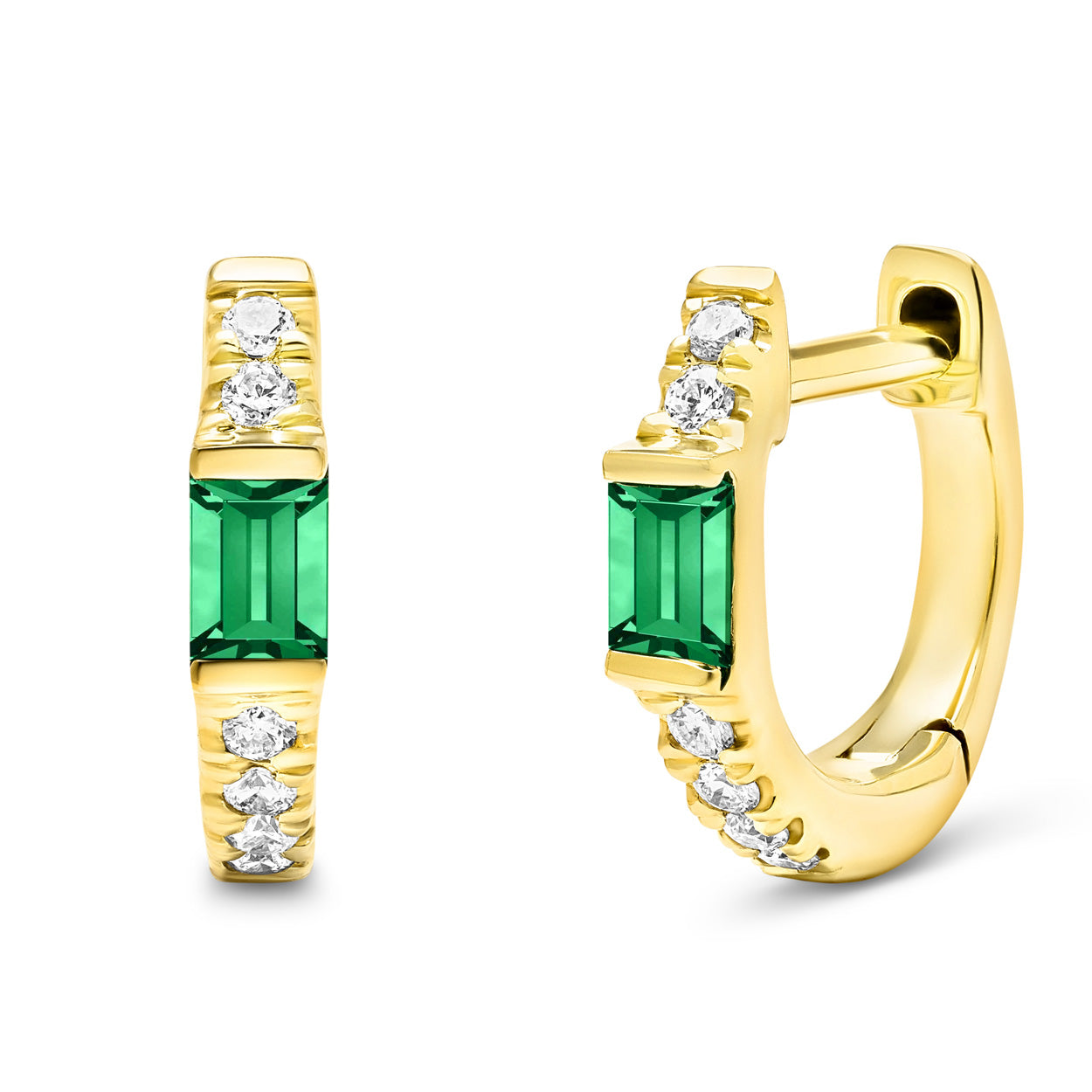 14K Solid Gold Natural Emerald Pave Diamond Hoops