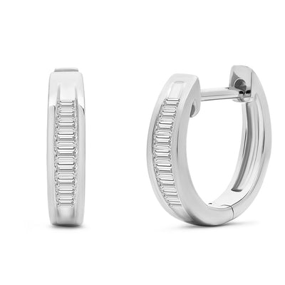 14K Solid White Gold Channel Baguette Diamond Hoops