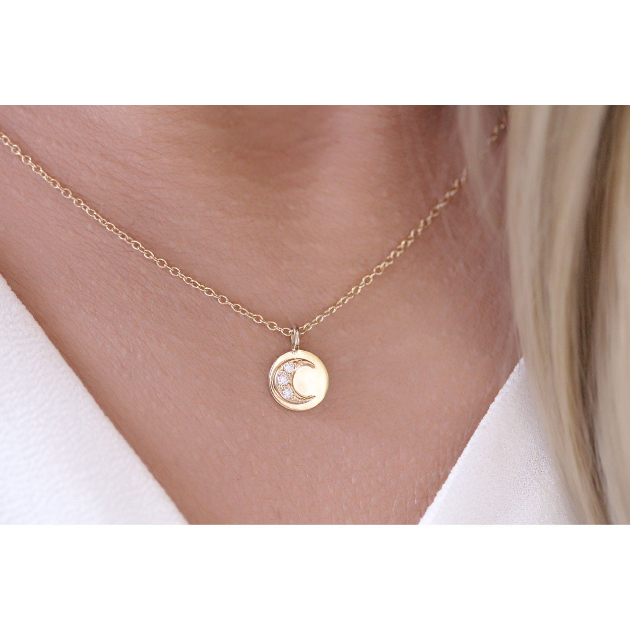 14K Solid Gold Round Diamond Moon and Sun Necklace Model 1