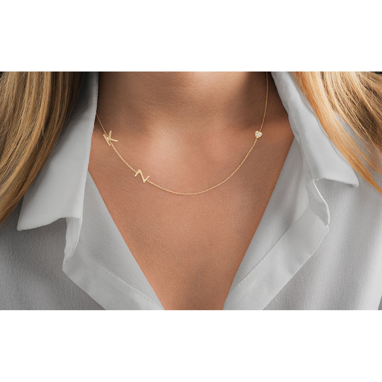 14K Solid Gold Diamond Pave Heart Double Initials Necklace Lifestyle 2