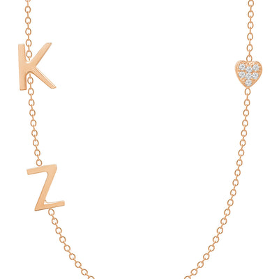 14K Solid Rose Gold Diamond Pave Heart Double Initials Necklace