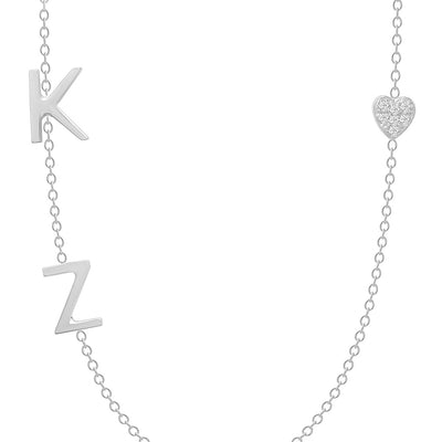 14K Solid White Gold Diamond Pave Heart Double Initials Necklace