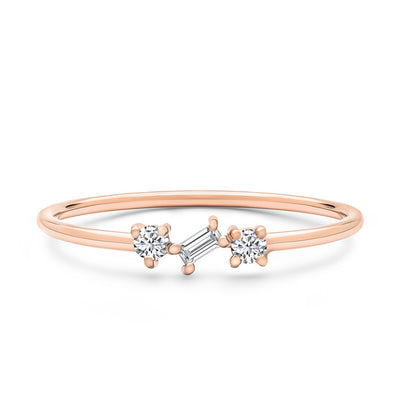 14K Solid Rose Gold Round Baguette Diamond Three Stone Stackable Ring