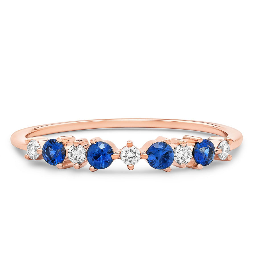 14K Solid Rose Gold Sapphire Diamond Alternating Cluster Anniversary Band