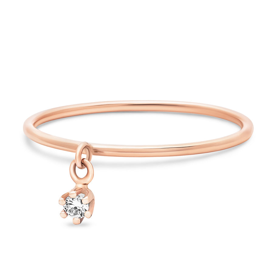 14K Solid Rose Gold Single Dangling Diamond Six Prong Stackable Ring