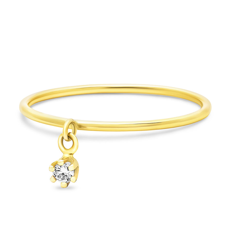 14K Solid Gold Single Dangling Diamond Six Prong Stackable Ring