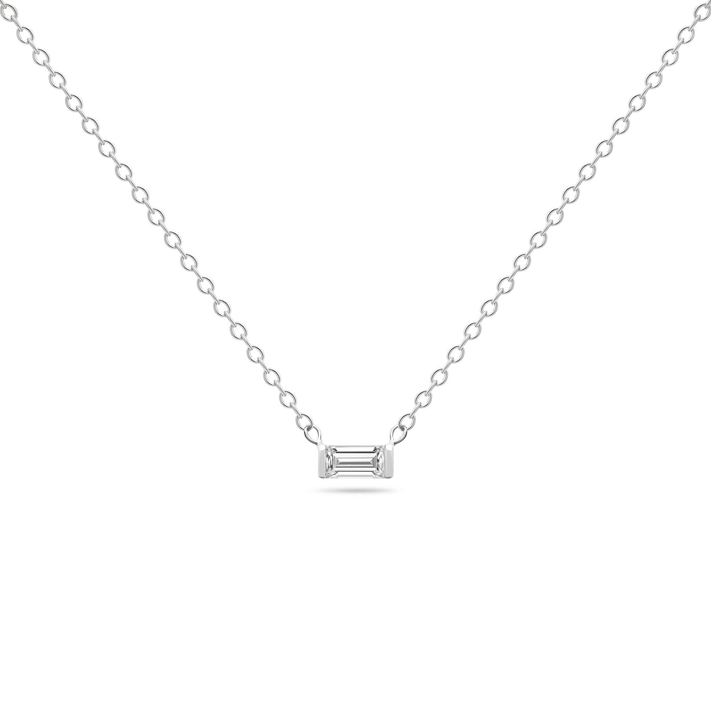 14K Solid White Gold Diamond Baguette Solitaire Tension Necklace