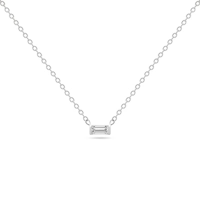 14K Solid White Gold Diamond Baguette Solitaire Tension Necklace