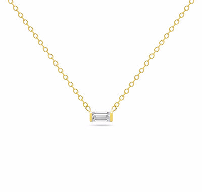 14K Solid Gold Diamond Baguette Solitaire Tension Necklace