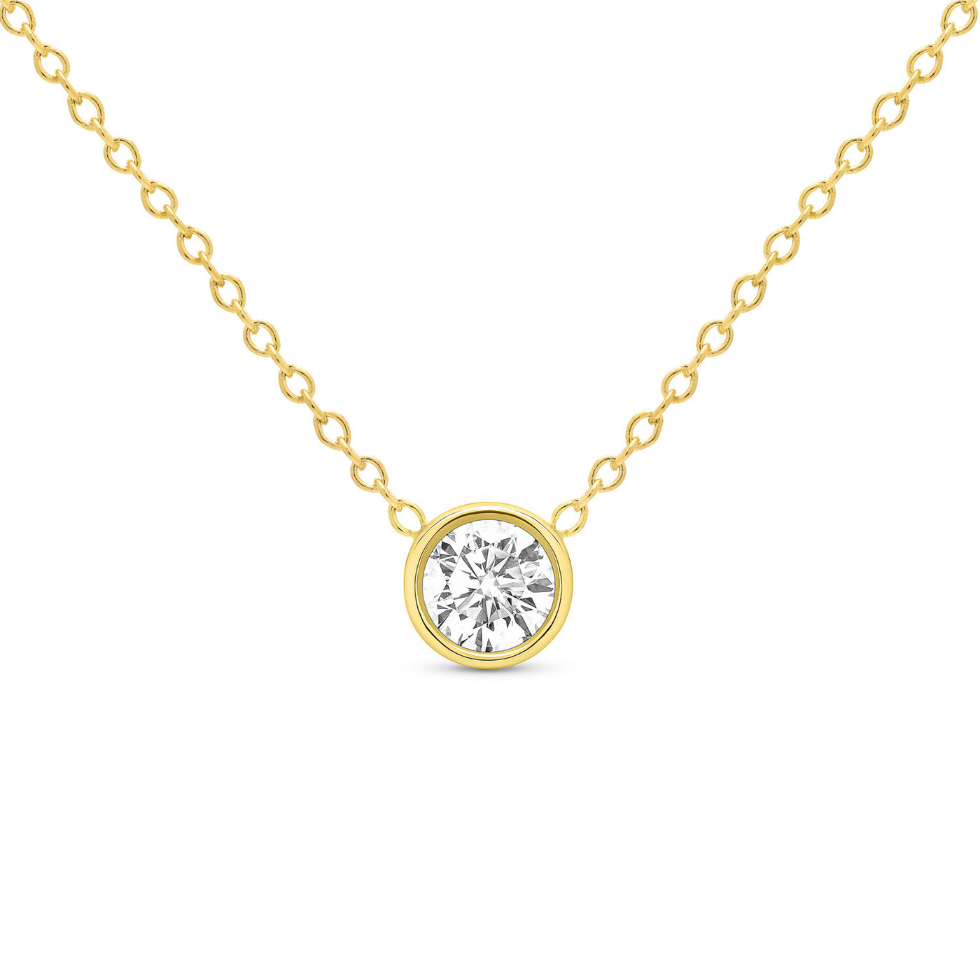 14K Solid Gold Diamond Solitaire Round Bezel Necklace