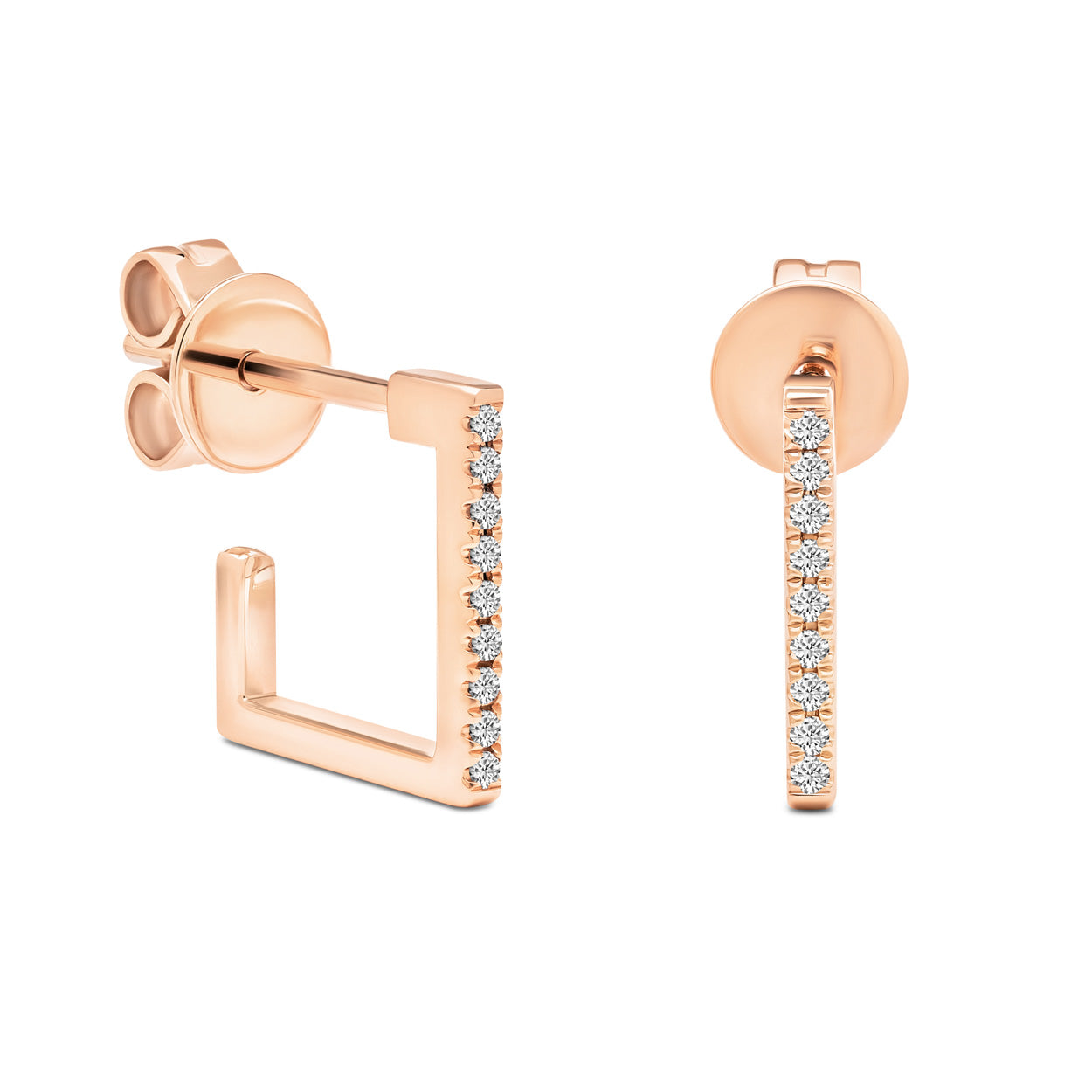 14K Solid Rose Gold Unique Square Pave Diamond Hoops