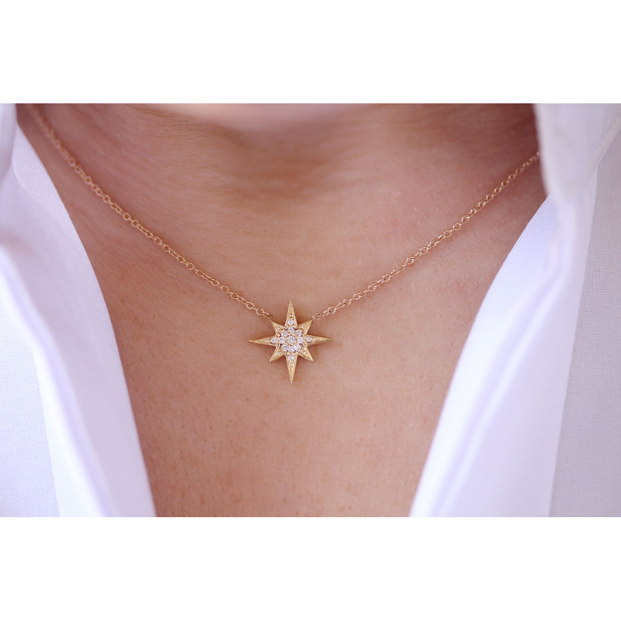 14K Solid Gold Round Diamond Starburst Polaris Necklace Model