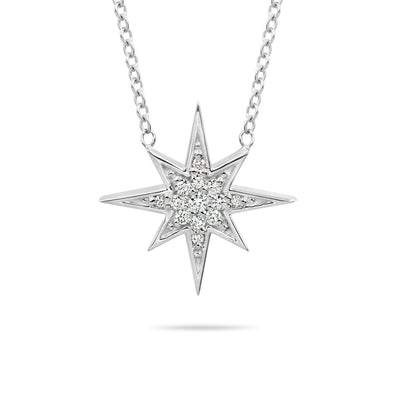 14K Solid Gold Round Diamond Starburst Polaris Necklace White Gold