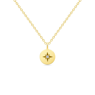 14K Solid Gold Polaris Star Disc Pendant Necklace