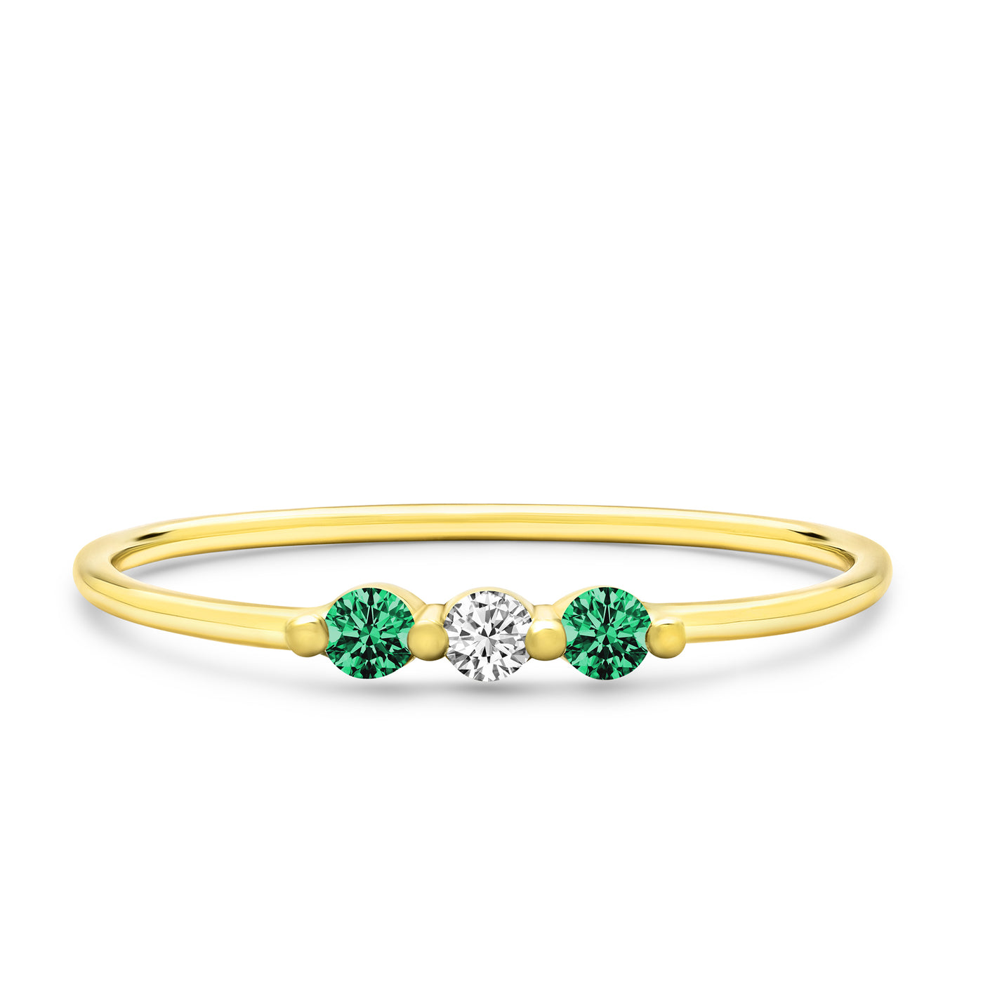 14K Solid Gold Single Prong Three Stone Emerald Diamond Stackable Band