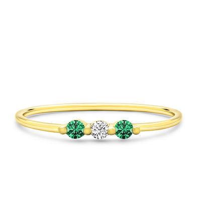 14K Solid Gold Single Prong Three Stone Emerald Diamond Stackable Band
