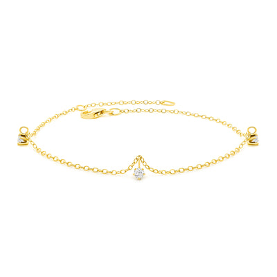 14K Solid Gold Three Dangling Diamond Six Prong Bracelet