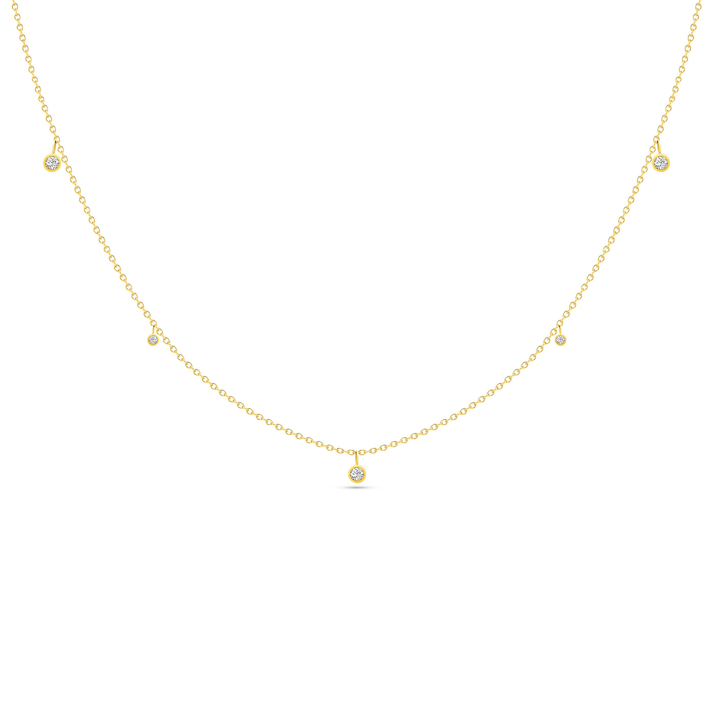 14K Solid Gold Dangling Five Diamond Bezel Necklace