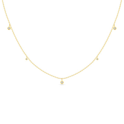 14K Solid Gold Dangling Five Diamond Bezel Necklace
