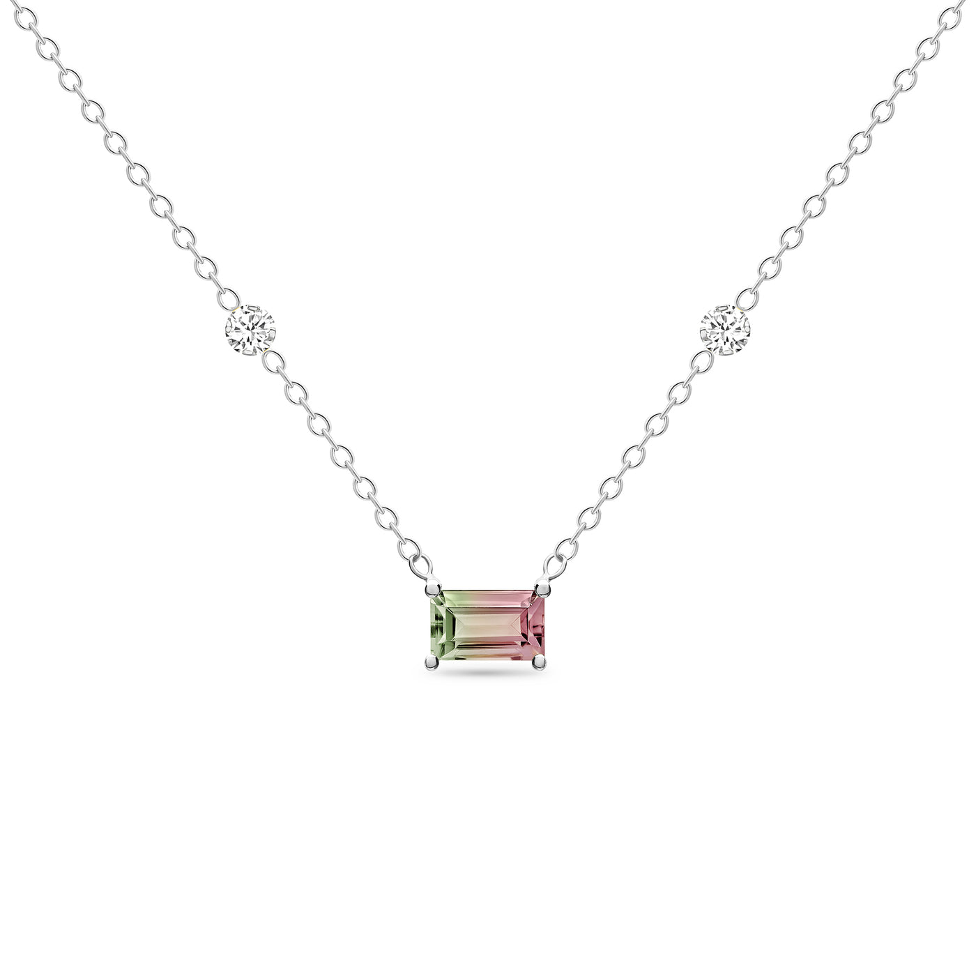 14K Solid Gold Bi Color Tourmaline Diamond Station Necklace