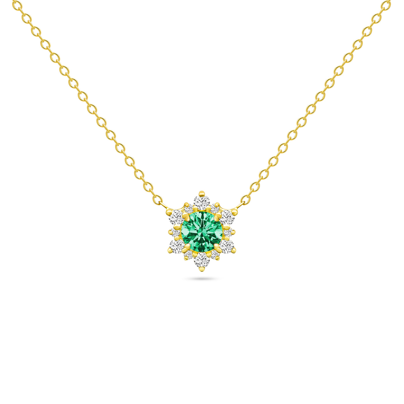 14K Solid Gold Emerald Diamond Cluster Necklace