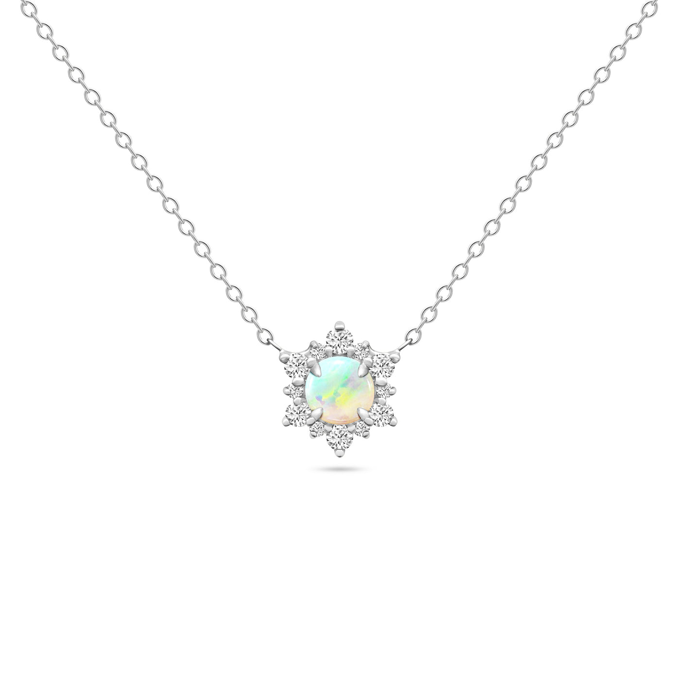 14K Solid Gold Opal Cluster Diamond Necklace