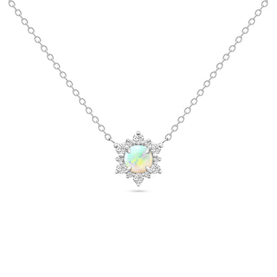 14K Solid Gold Opal Cluster Diamond Necklace