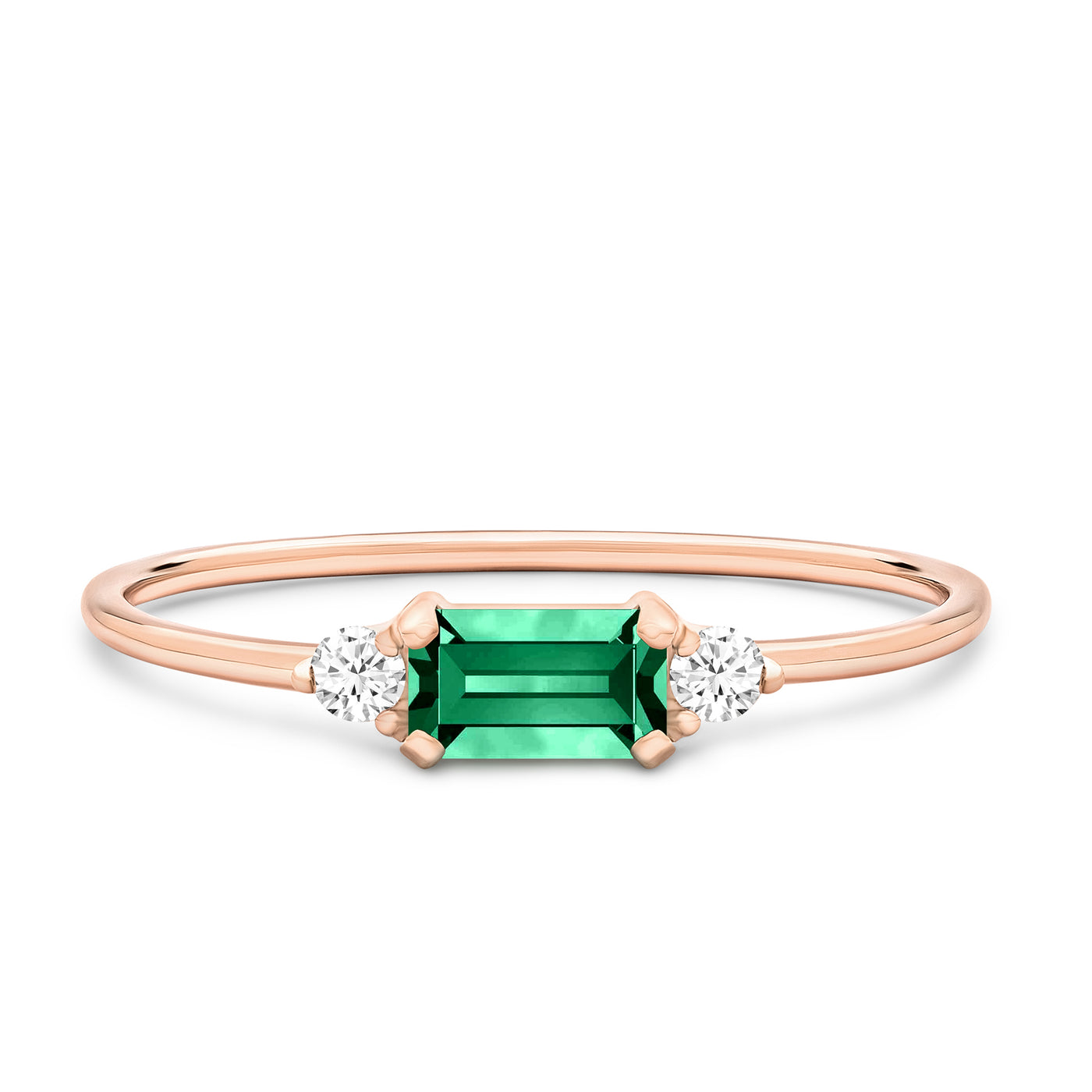 14K Solid Gold Emerald Diamond Horizontal Three Stone Ring