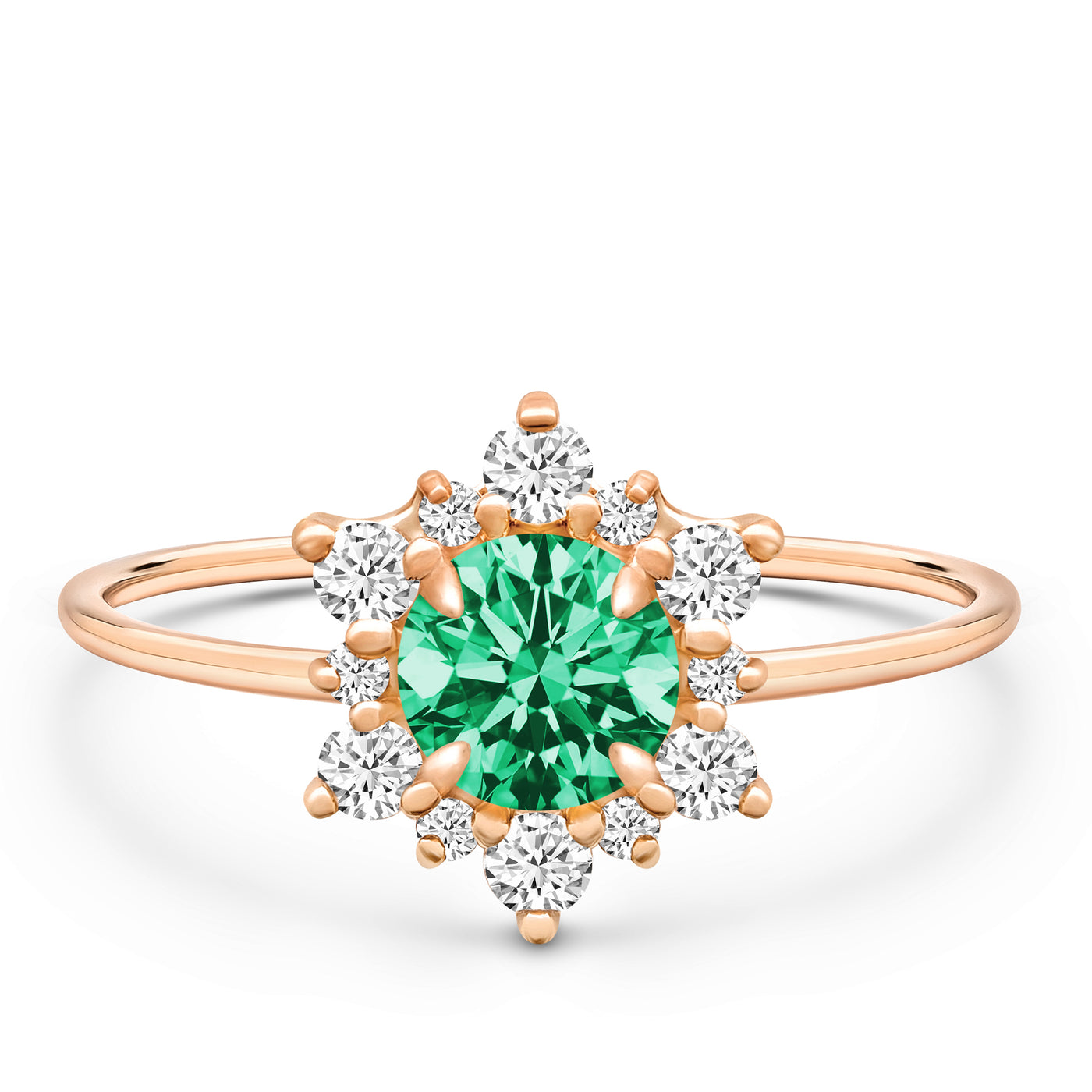 14K Solid Gold Natural Emerald Diamond Cluster Halo Ring