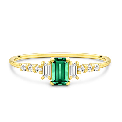 14K Solid Gold Emerald Baguette Diamond Vertical Three Stone Pave Ring