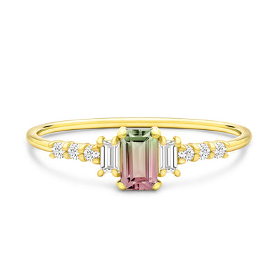 14K Solid Gold  Baguette Diamond Tourmaline Vertical Three Stone Pave Ring