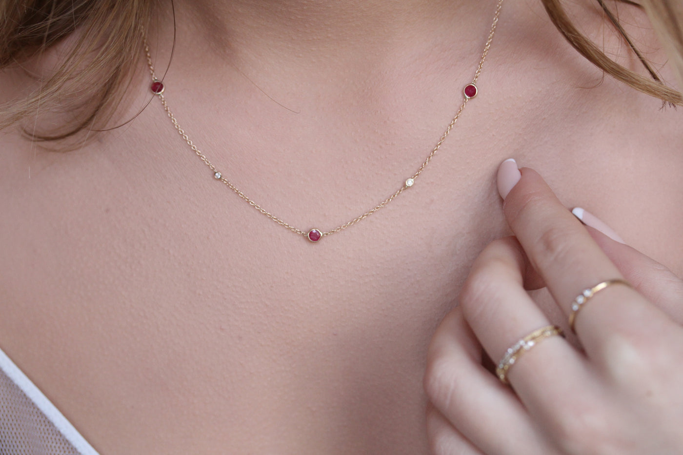 14K Solid Gold Five Station Ruby Diamond By The Yard Necklace