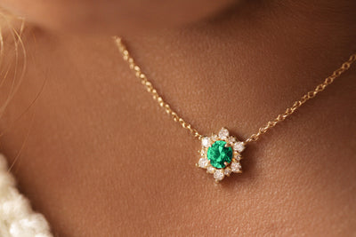 14K Solid Gold Emerald Diamond Cluster Necklace