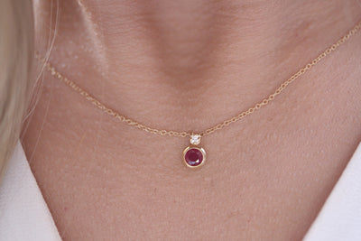 14K Solid Gold Ruby Bezel Single Diamond Necklace