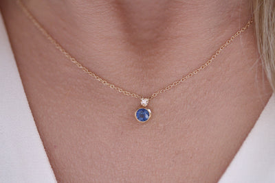 14K Solid Gold Sapphire Bezel Single Diamond Necklace