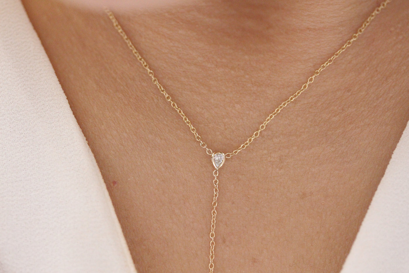 14K Solid Gold Pear Shape Bezels Diamond Lariat Necklace